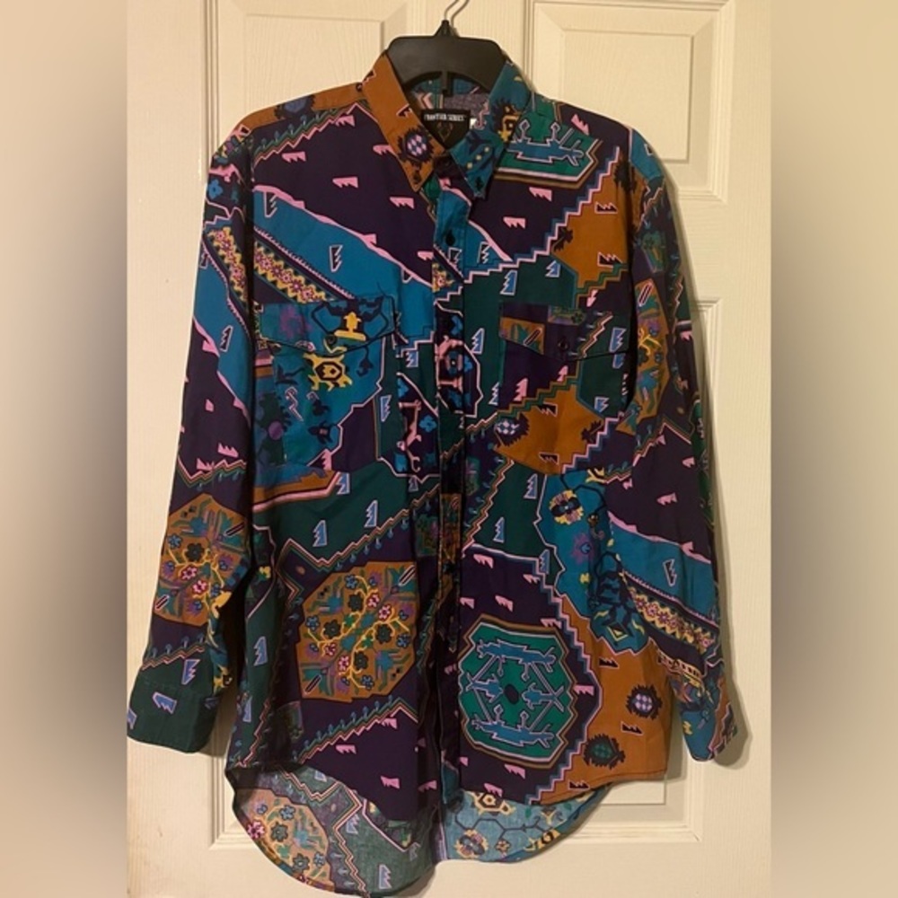 Vintage 90s Western Cowboy Shirt Frontier
Series All Over Print USA size L